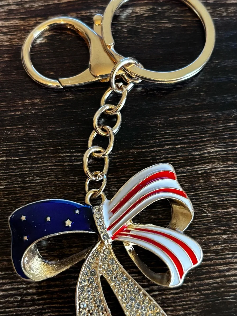 Patriotic Bow Keychain with Red, White & Blue Enamel in Gold‎ Tone